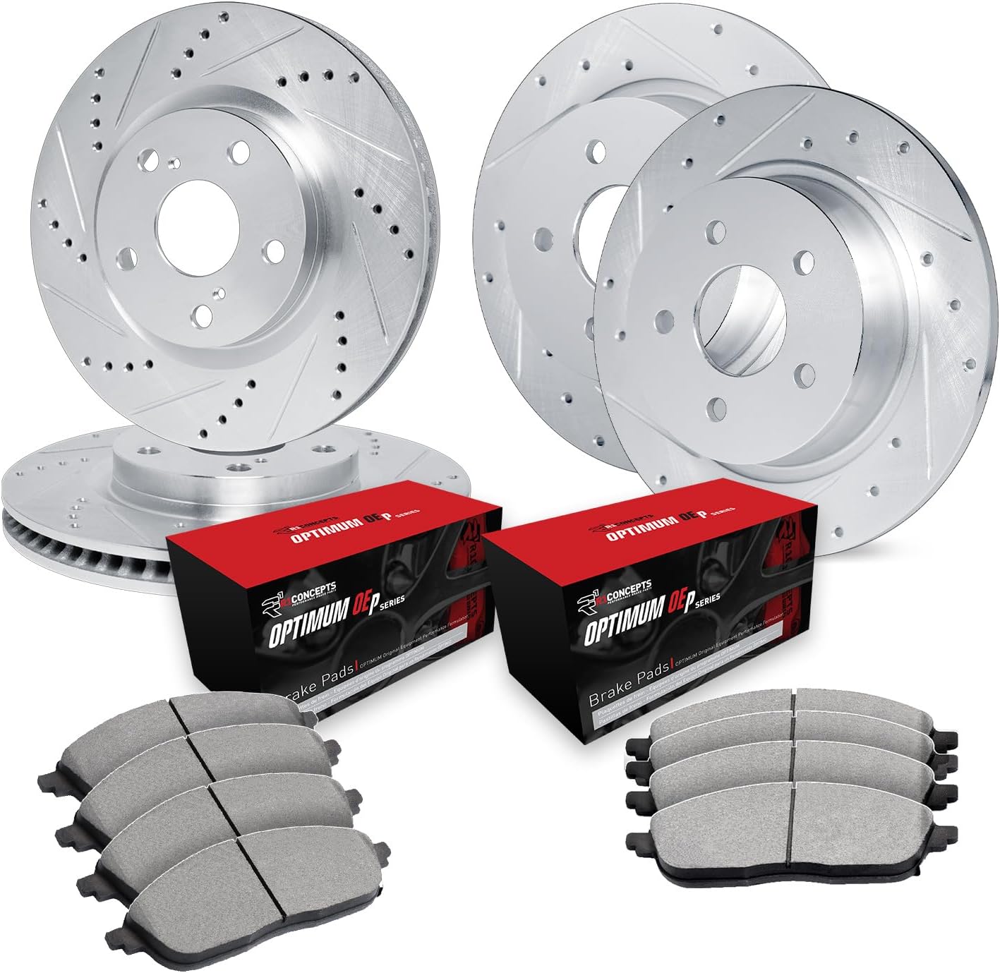 R1 Concepts Front and Rear Brake Kit Fits 2015-2019 Hyundai Sonata; 2017-2019 Kia Optima| Optimum Oep Brake Pads and Drilled Slotted Brake Rotors| 12.0' Front & 11.1' Rear