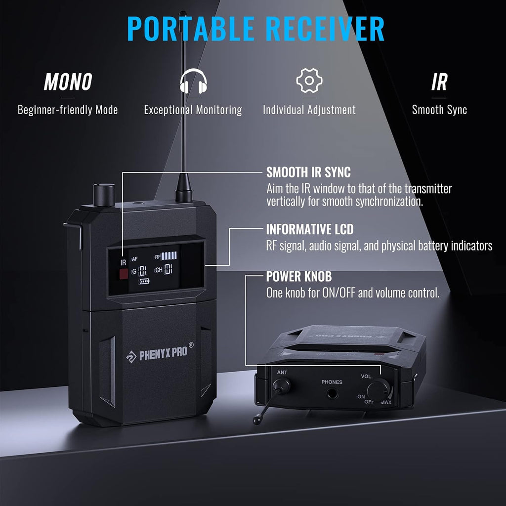 Phenyx Pro Wireless In-Ear Monitor System, Dual IEM for Musicians, Mono Stage Monitor, Metal w/ 4 Bodypacks, 50 UHF Frequencies, Rack Mount, 164ft Range, for Studio/Band (PTM-11-4B)