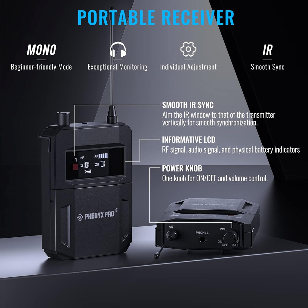 Phenyx Pro UHF Mono Wireless in-Ear Monitor System, Metal Wireless IEM System, Bodypack Receiver, 50 Adjustable Frequencies, Separate Outputs, 164ft Operation, Suitable for Band and Studio (PTM-11)