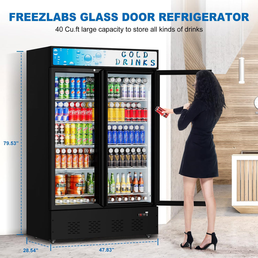 Commercial Glass Door Display Refrigerator 40 Cu.ft Cooler Commercial Display Beverage Refrigerators with LED Light and 10 Shelves for Cafe Restaurant Store Bar