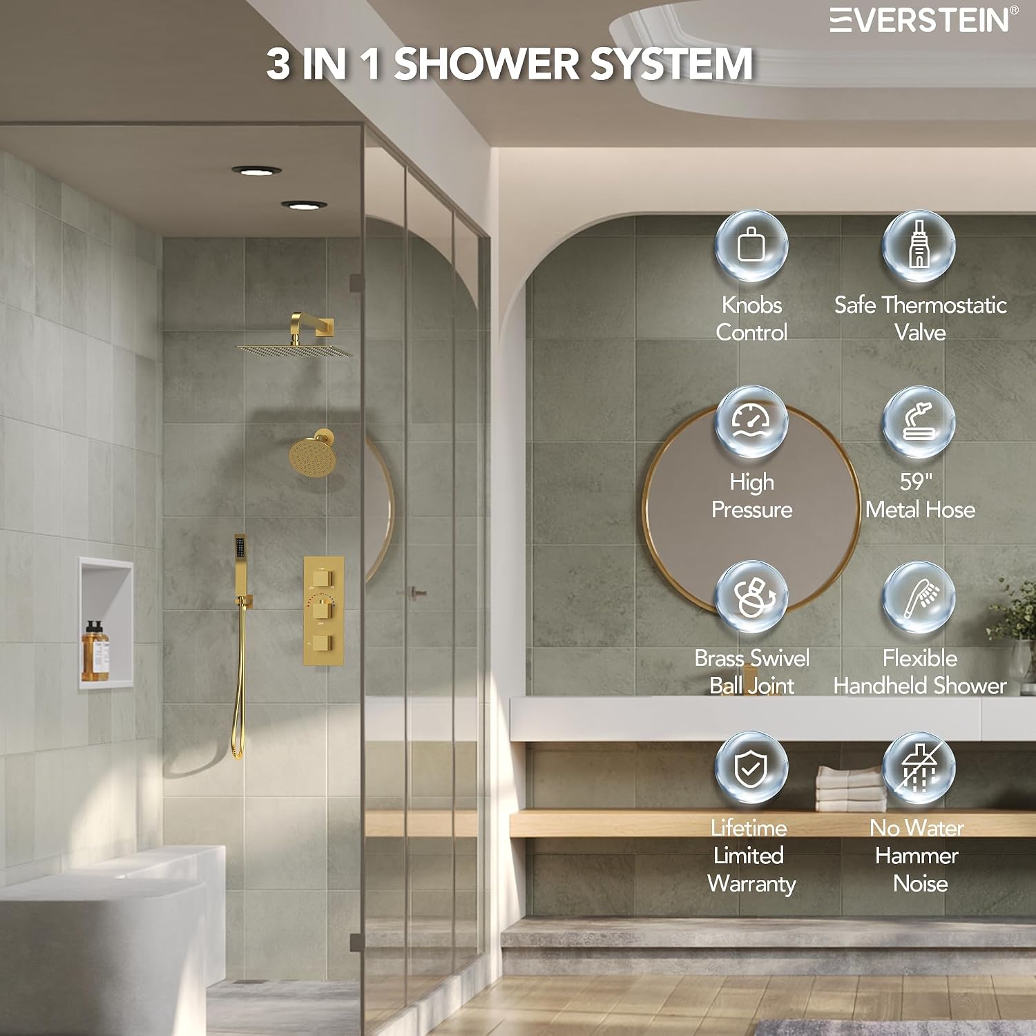 Thermostatic Shower system, 12 & 6 in. Bathroom Shower Set Wall Mount Dual Shower Head Faucet in Brushed Gold