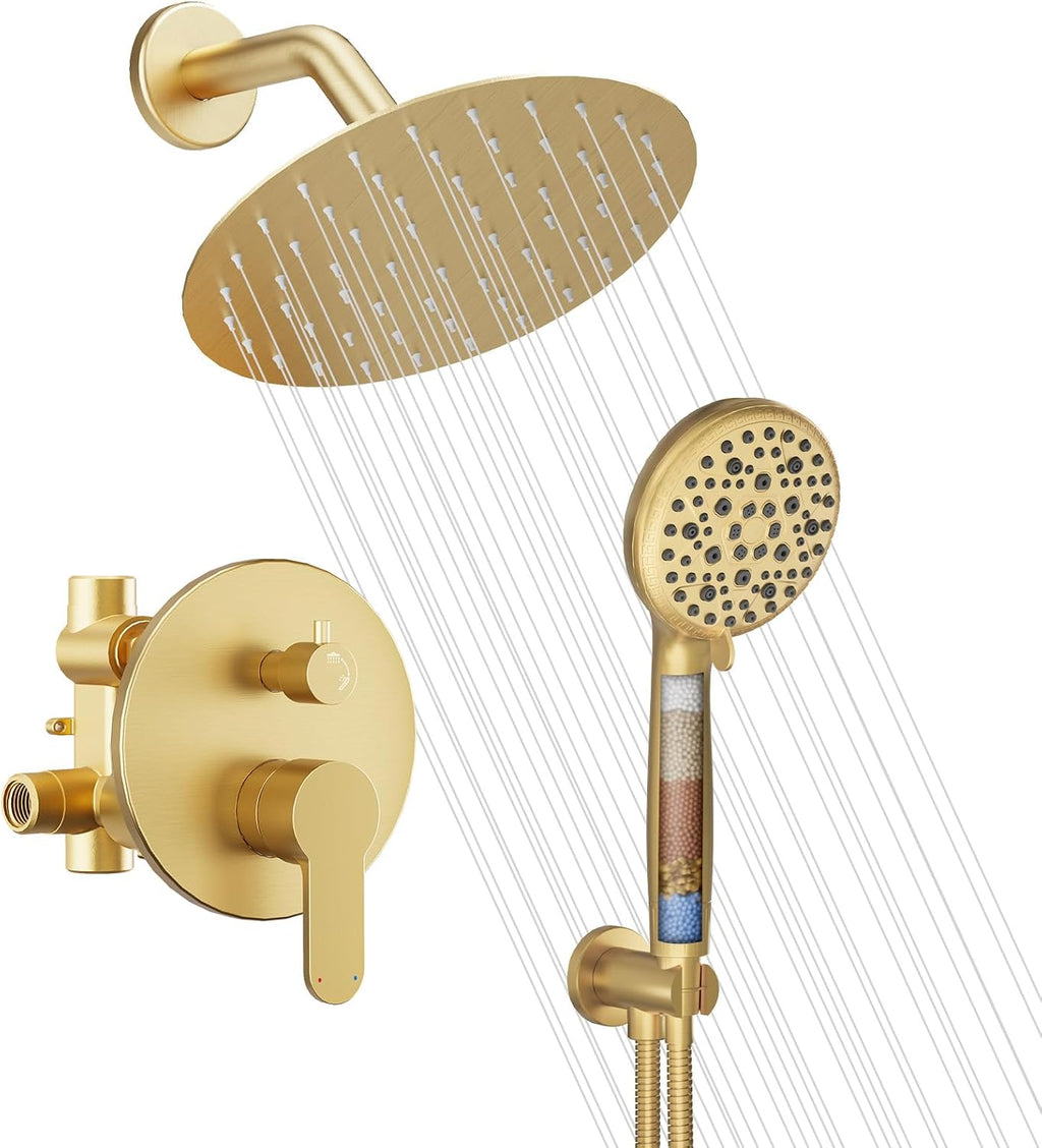 Brushed Gold Shower System, Bathroom Shower Combo Set with 8-Inch Rain Shower Head, 8-Spray Mode Filtered Handheld Shower Head, Wall Mounted with Rough-In Valve Body and Trim Included