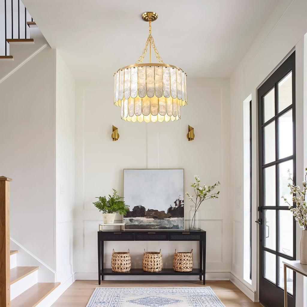 Modern 5-Light Shell Chandelier, 2-Tiered Faceted Pendant Light with Gold Metal Frame, E26 Lighting Fixture for Dining Room, Bedroom, Living Room
