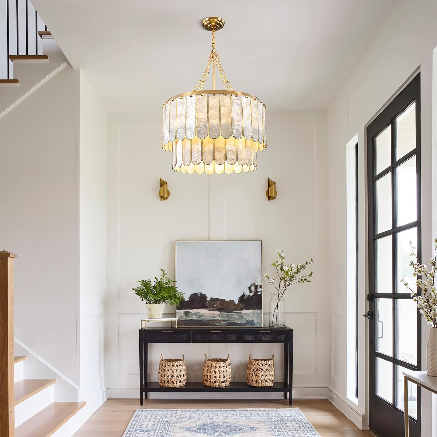 Modern 5-Light Shell Chandelier, 2-Tiered Faceted Pendant Light with Gold Metal Frame, E26 Lighting Fixture for Dining Room, Bedroom, Living Room