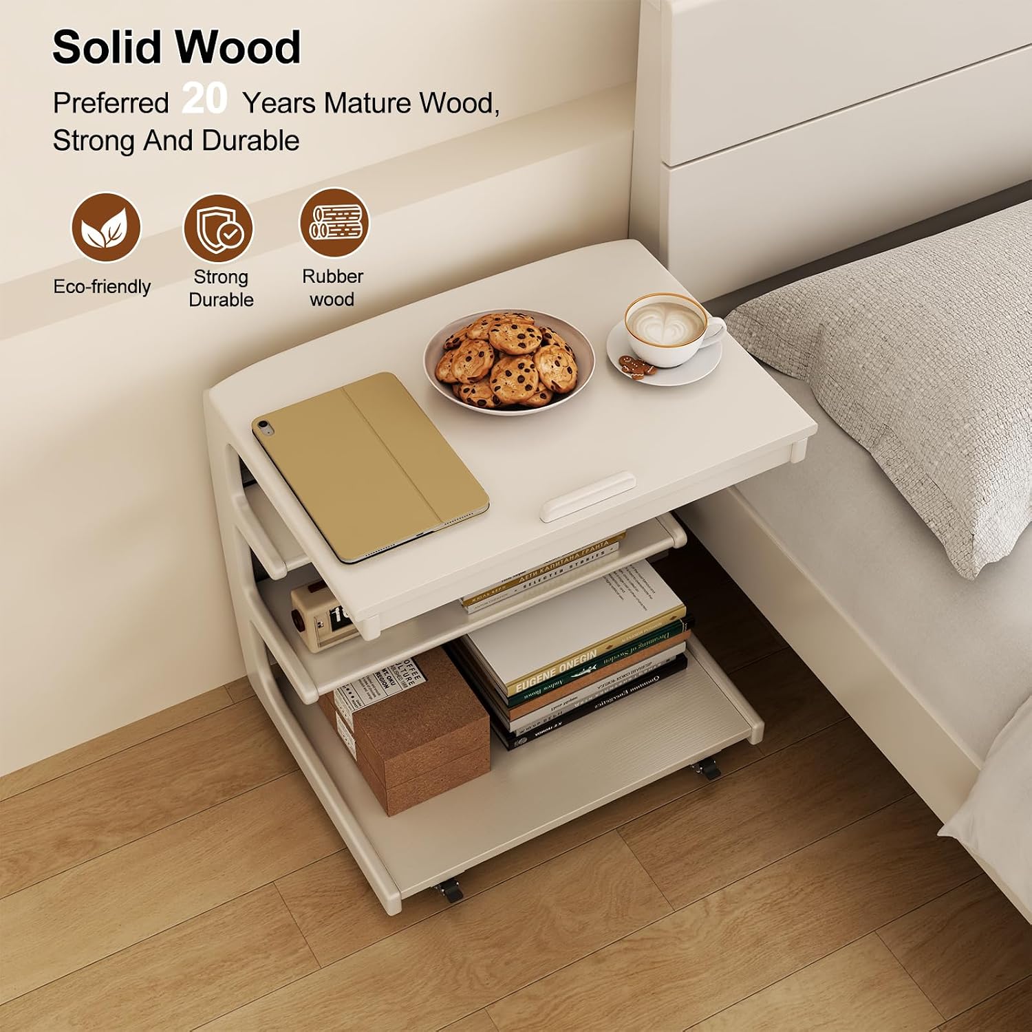 AQIMUELE Rolling Side Table, C Shaped End Table, C Table with 4 Wheels Solid Wood Small Rolling Desk with Adjustable Desktop,C Shaped End Table for Couch,Home Office(15.6' D x 23.6' W x 24.3' H)