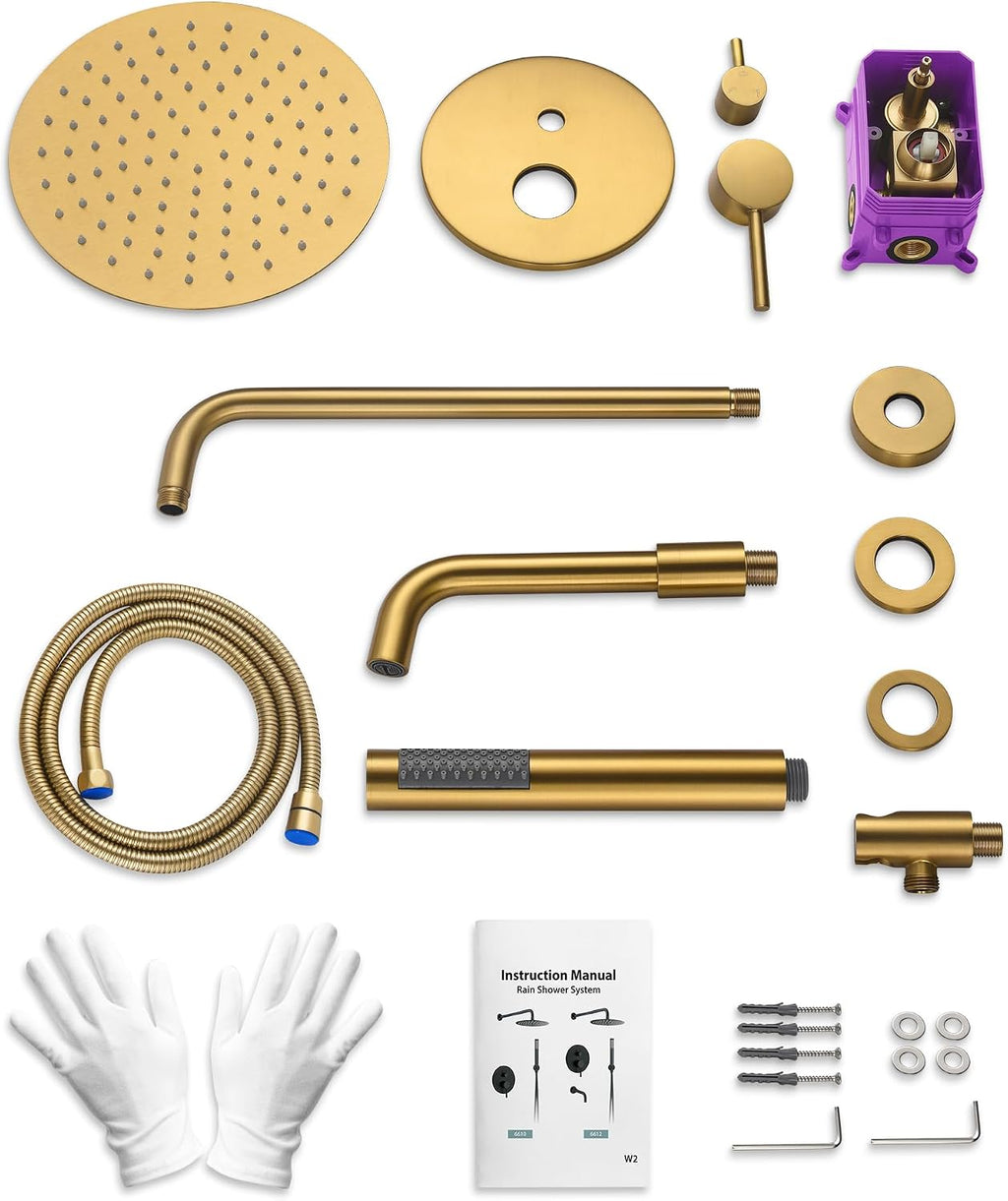 10 Inch Round Shower Faucet Set with Tub Spout, High Pressure Rainfall Shower Head and Handheld Sprayer Combo, Brushed Gold