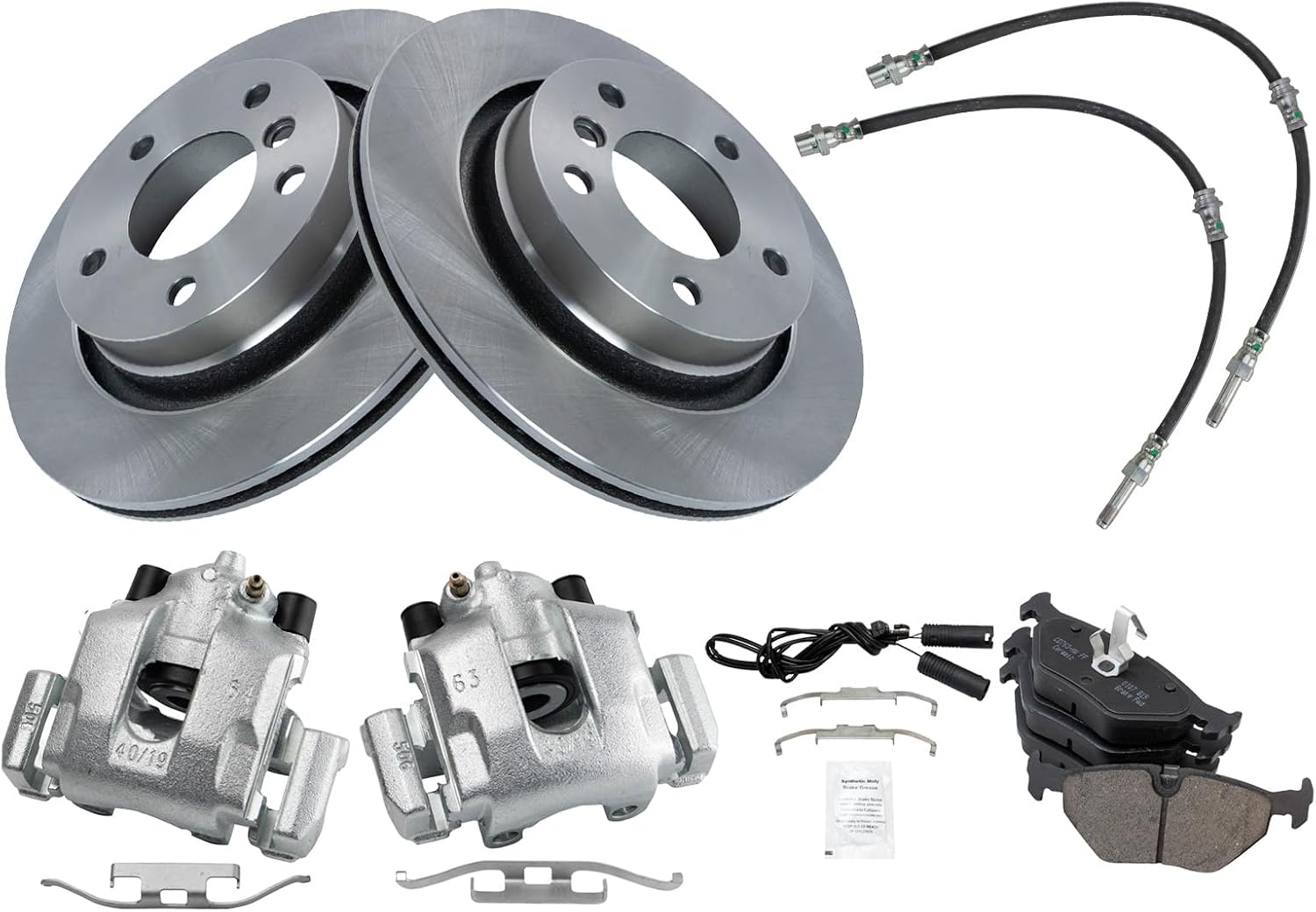 TRQ Rear Brake Pad and Rotor Set Ceramic Rotors Calipers Hoses Compatible with 2000 BMW 323Ci 323i 2001-2003 325Ci 325i