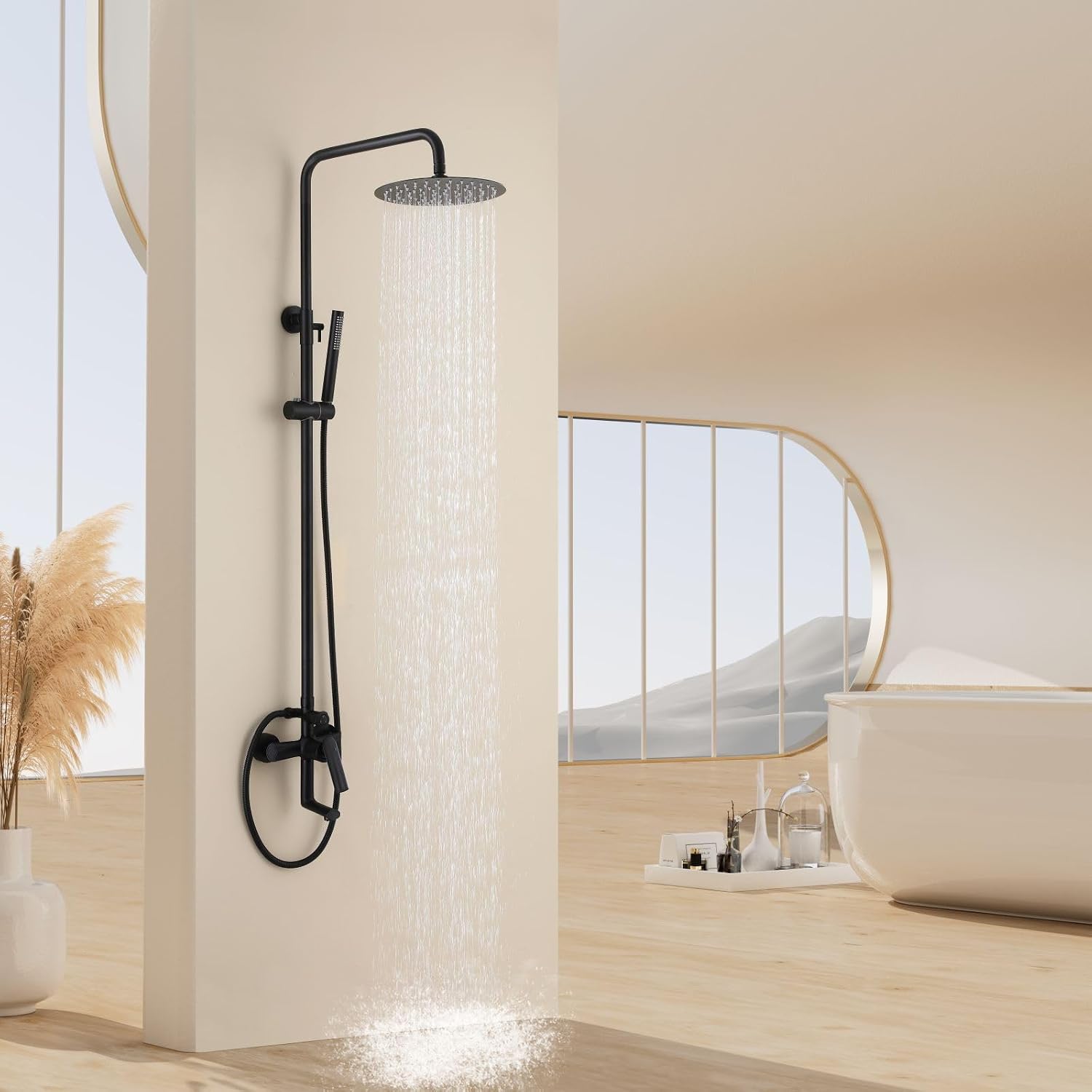 Exposed Shower Syem with Handheld, 3 Functions Bathtub Shower Faucet Sets with Brass Valve, Shower Fixture with 10-Inch Rainfall Shower Head, Height Adjustable Shower Set Matte Black