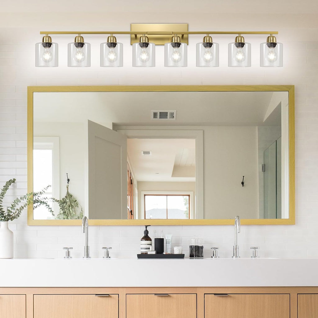 Bath Vanity Lights for Mirror, Restroom Lights Fixtures with Milky White Frosted Glass Shades,Bathroom Over Sink Light Fixtures (Gold & Clear Glass, 8-Light)