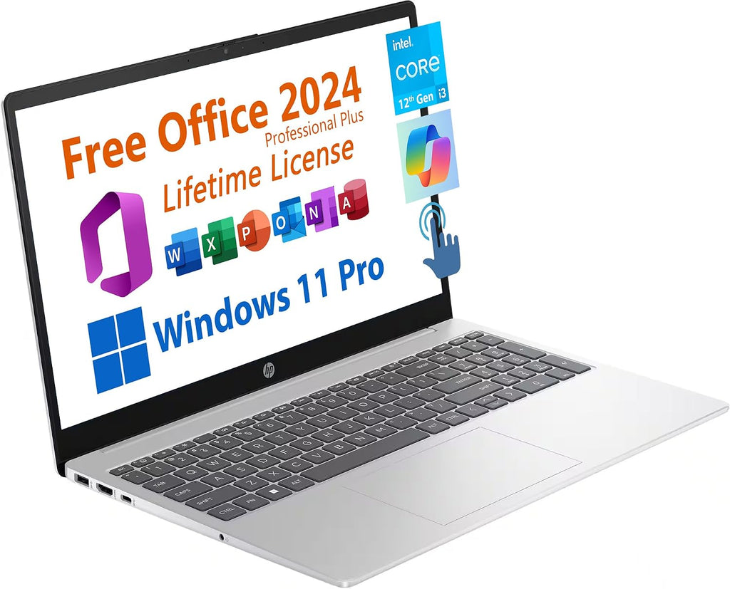 HP 15.6' Business Student Laptop, Free Microsoft Office 2024 Lifetime License, Copilot AI Chat, HD Touchscreen, Intel 6-Core i3-1215U 4.4 GHz, 16GB RAM, 2TB SSD, Long Battery Life, Windows 11 Pro
