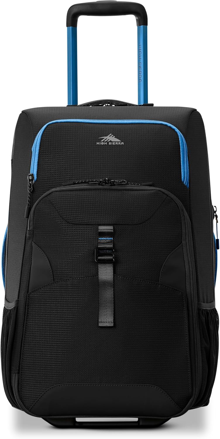 High Sierra Hi-Life 22-Inch Carry-On Wheeled Duffle - Features Smooth Rolling Wheels, WetPak Pockets, Stack-It Strap, Adjustable Handle, Fleece Pocket, Padded Laptop Sleeve, Expandable - Black/Blue