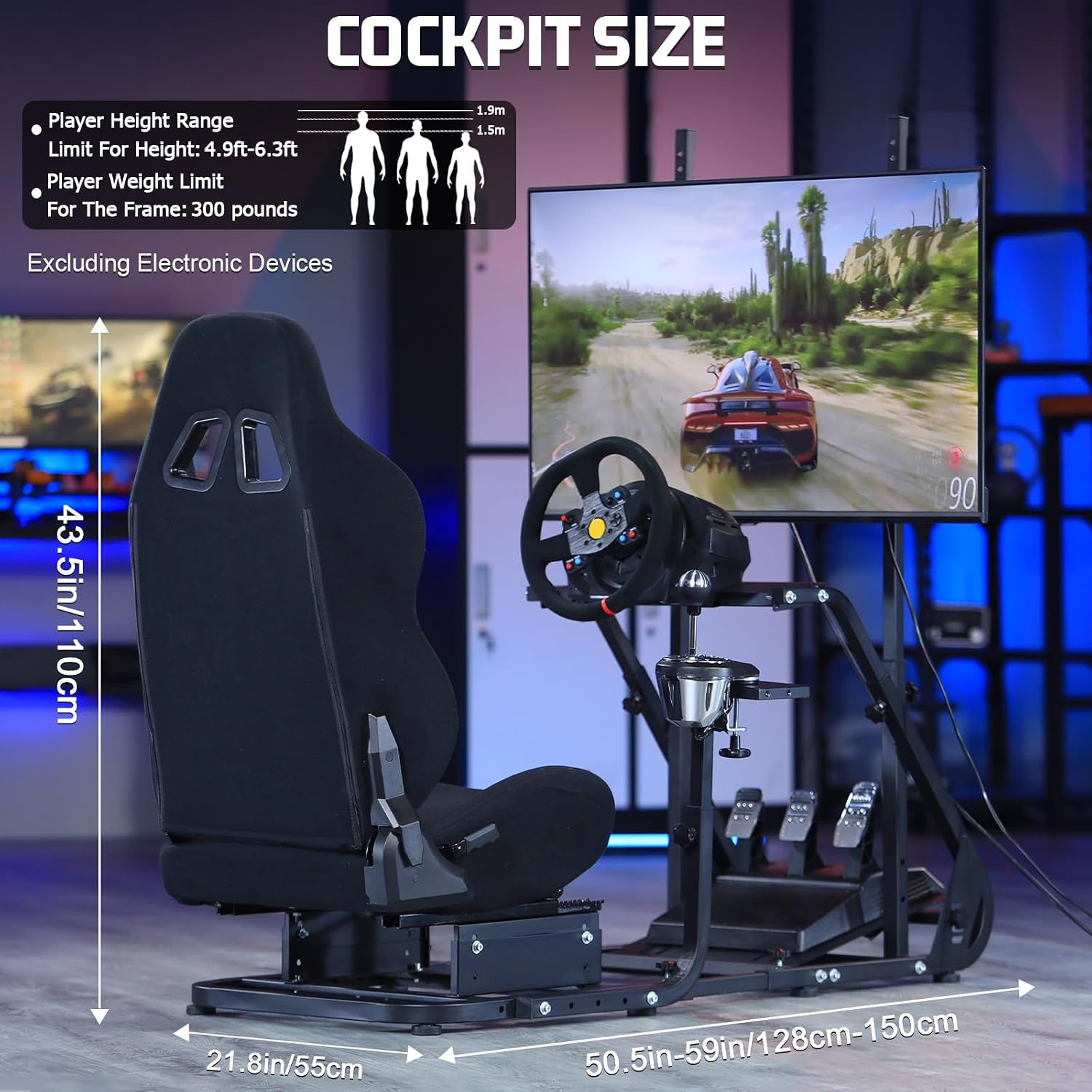 Marada Racing Cockpit Frame with TV Stand,Gear Mount & Black Seat Fit for Logitech G923 G920, for Thrustmaster T500 T3PA TGT, for Fantec, Height Adjustable,Wheel and Pedals Not Included
