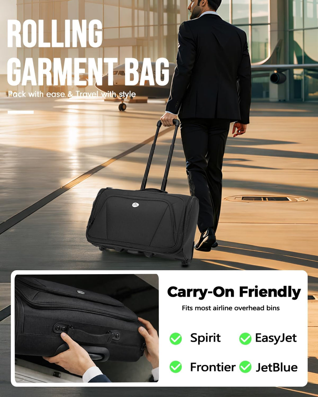 MATEIN Rolling Garment Bags for Airline Travel, Wheeled Carry On Garment Bag with Wheels & 2 Packing Cubes, Wrinkle Free Business Suit Luggage Suitcase Fits 17.3' Laptop for Men Women, Black