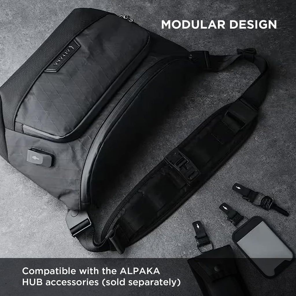 ALPAKA Bravo Sling Max, 8L RFID-Blocking Sling Laptop Bag for Men with Maglockz Buckle, Lockable Zips & External USB Port