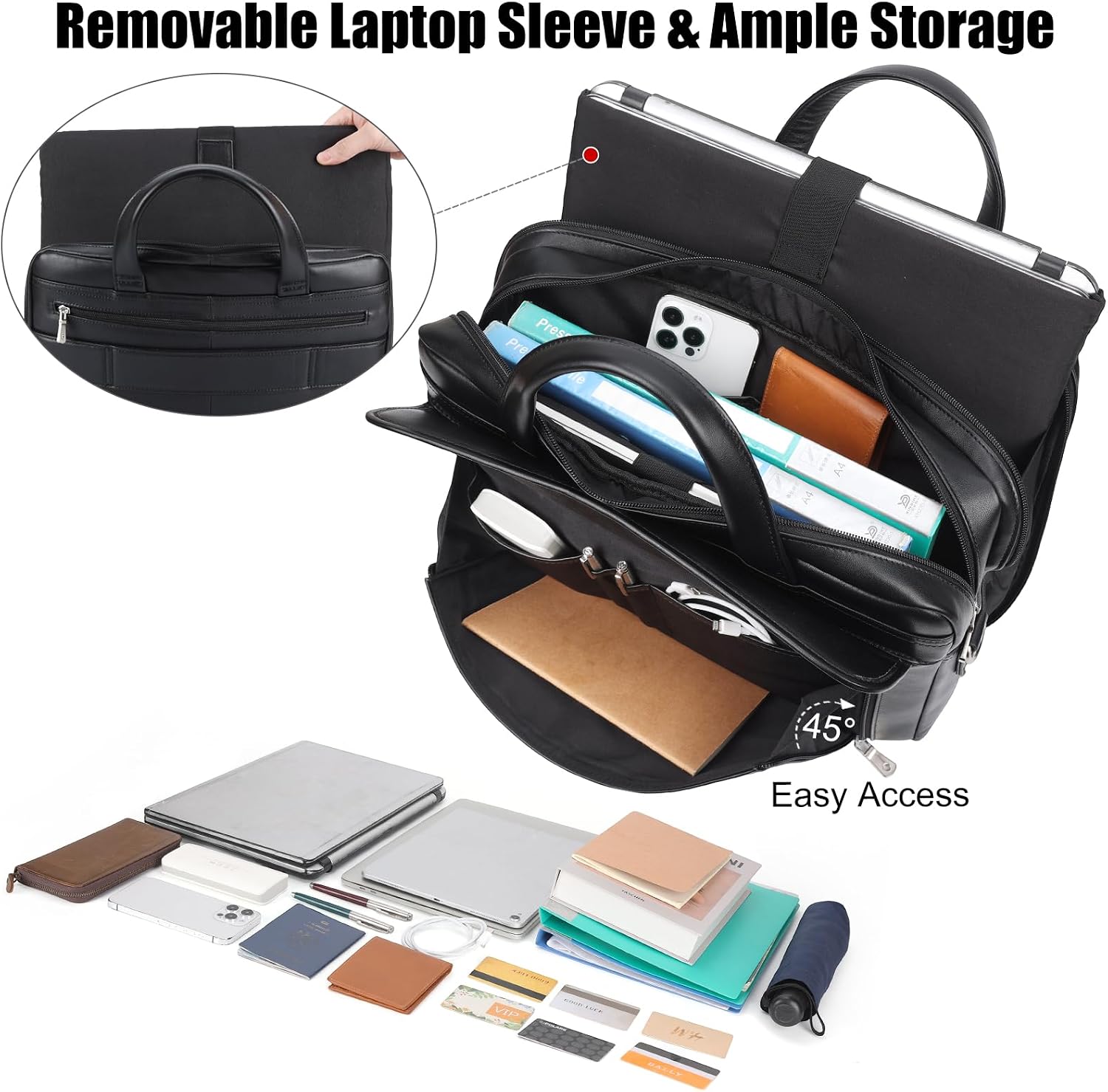 Masa Kawa Leather Briefcase for Men 15.6', 17' Laptop Computer Case Business Travel Work Messenger Cross Body Shoulder Bag