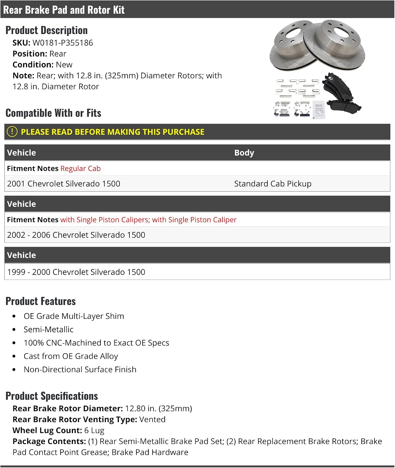 Rear Semi Metallic Brake Pads and Rotor Kit - 6 Lug - 12.8 Inch Rotors - Compatible with 1999-2006 Chevy Silverado 1500 Standard Cab Pickup (2002-2006 Models with Single Piston Calipers)