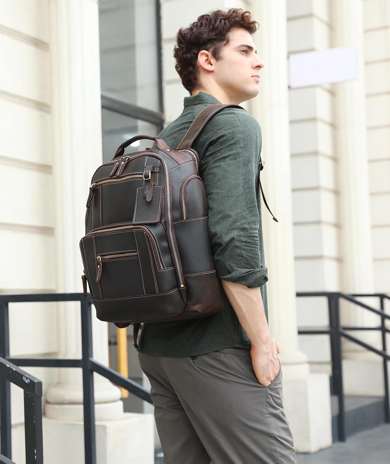 LANNSYNE Vintage Genuine Leather Backpack for men, 15.6' Laptop Backpack Travel Camping 24L Rucksack