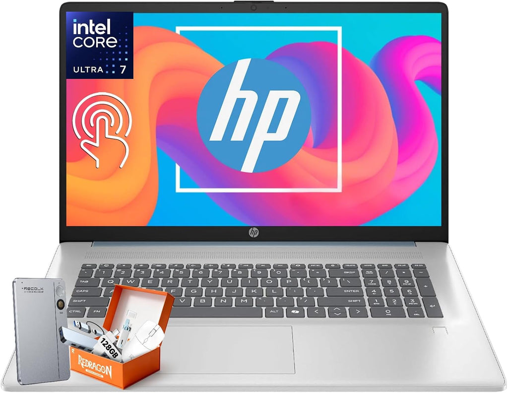 HP 17.3 Touchscreen Laptop for Business, Intel Ultra 7 255U Up to 5.2GHz, 16GB DDR5, 1TB SSD, Backlit KB, Fingerprint Reader, Wi-Fi 6, Windows 11 Pro, W/RECOLX AI Voice Recorder, REDRAGON Accessories