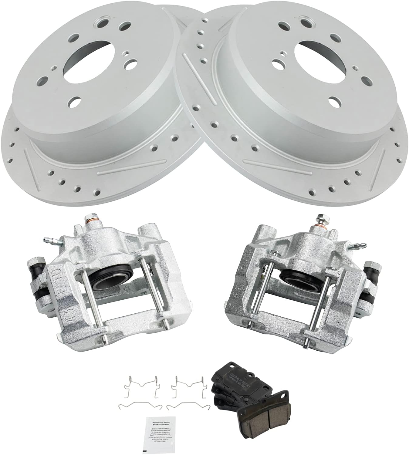 TRQ Performance Rear Brake Pad and Rotor Set Ceramic Solid G Coated Rotors Calipers Compatible with 2006-2013 Lexus IS250