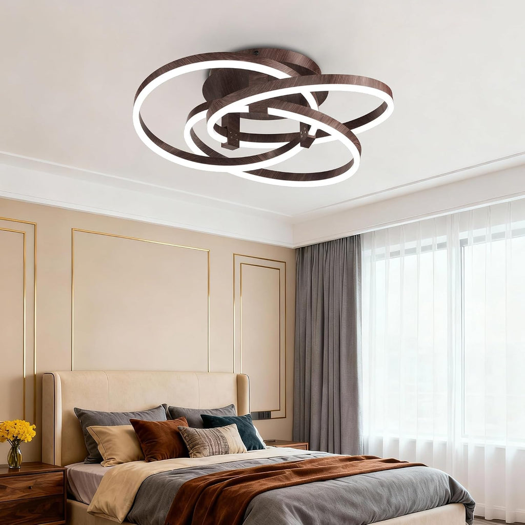 Maxax 23.5' Led Ceiling Light Fixture, Modern 3 Rings Flush Mount Chandelier, Close to Ceiling Lamp for Bedroom Living Room Dining Room Kitchen, ETL Listed, Walnut Color