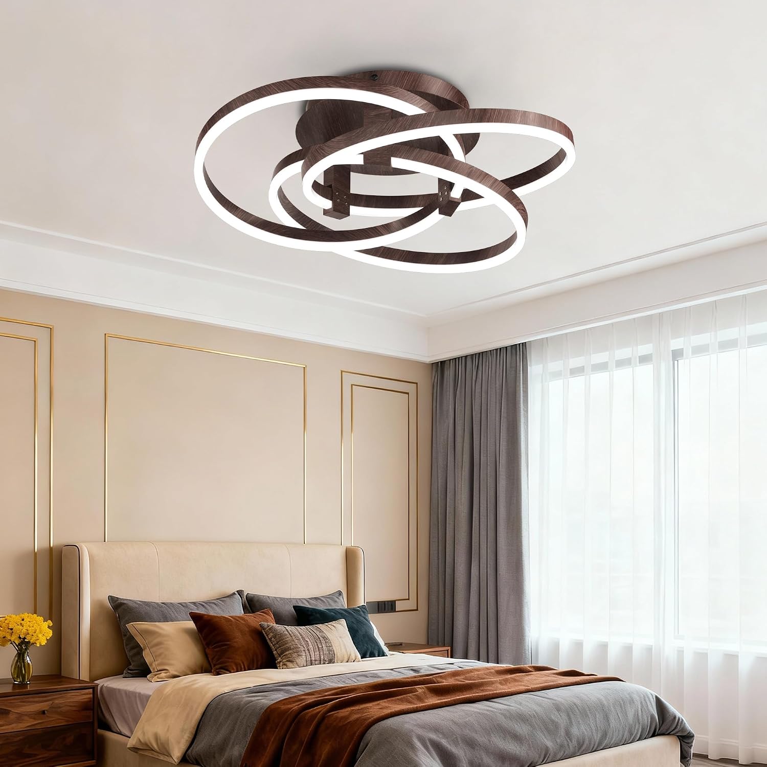 Maxax 23.5' Led Ceiling Light Fixture, Modern 3 Rings Flush Mount Chandelier, Close to Ceiling Lamp for Bedroom Living Room Dining Room Kitchen, ETL Listed, Walnut Color