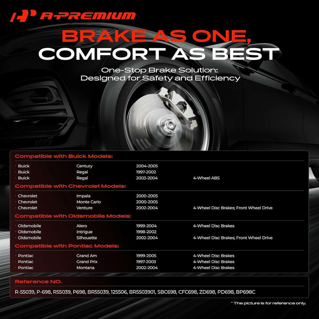A-Premium 10.94 in (278mm) Rear Solid Disc Brake Rotors + Ceramic Pads kit Compatible with Select Buick, Chevy, Oldsmobile & Pontiac Models - Century, Impala, Monte Carlo, Venture, Grand Am, 6-PC Set