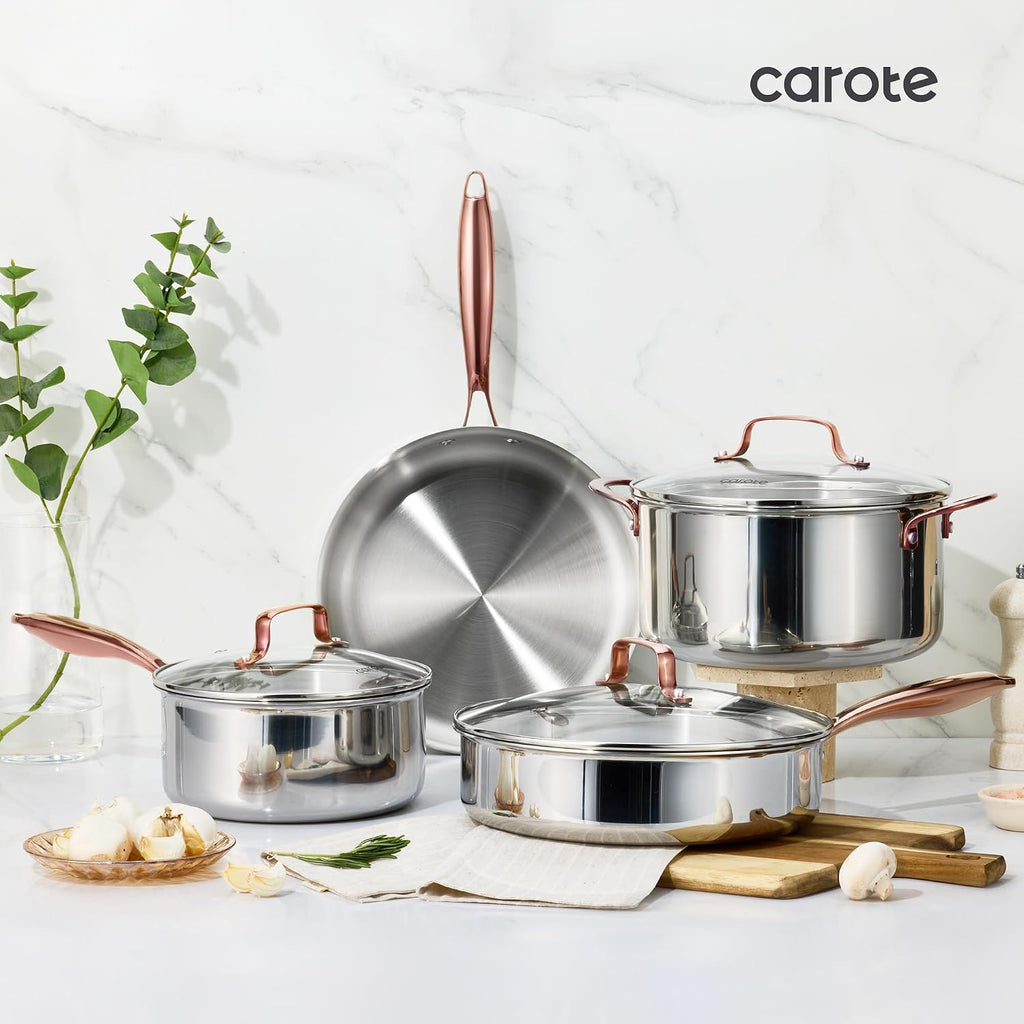 CAROTE 30 PCS Tri-Ply Stainless Steel Cookware Set, Pots and Pans Set, Non Toxic Induction Kitchen Cooking Sets, Gold