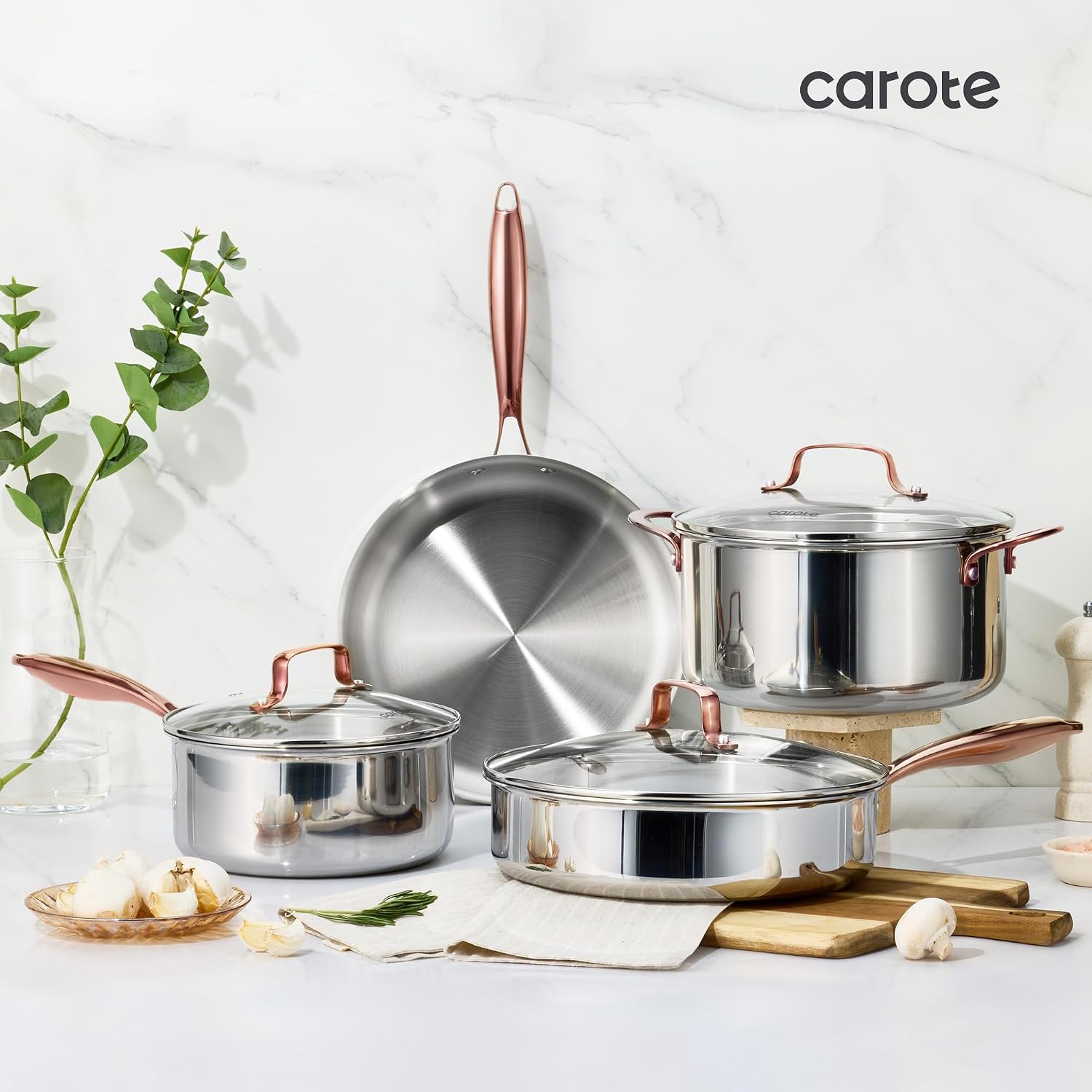 CAROTE 30 PCS Tri-Ply Stainless Steel Cookware Set, Pots and Pans Set, Non Toxic Induction Kitchen Cooking Sets, Gold