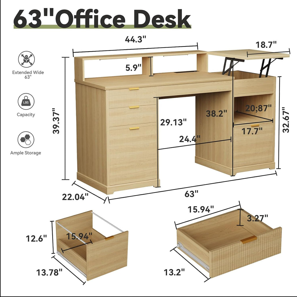 Fluted Executive Desk with File Drawers, 63' Fluted Home Office Desk with Lift Top, Gaming Desk, Charging Station, Sensor Lights, Wood Computer Table with Monitor Stand