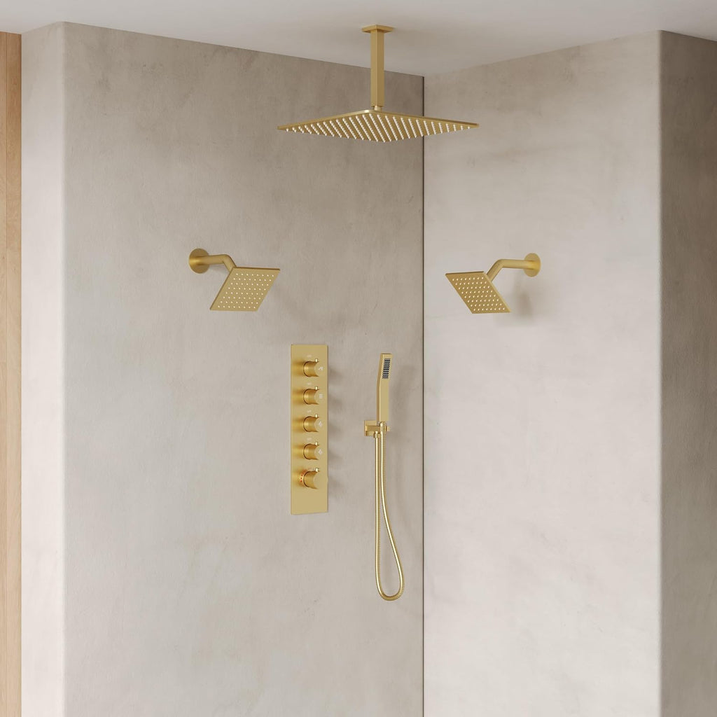 Thermostatic Shower system, 16, 6 in. Bathroom Shower Set Wall Mount Dual Shower Head Faucet in Brushed Gold