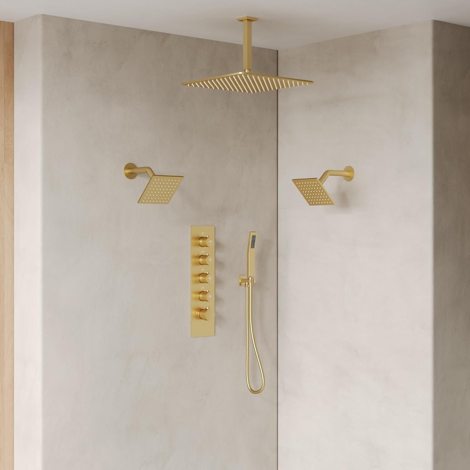 Thermostatic Shower system, 16, 6 in. Bathroom Shower Set Wall Mount Dual Shower Head Faucet in Brushed Gold