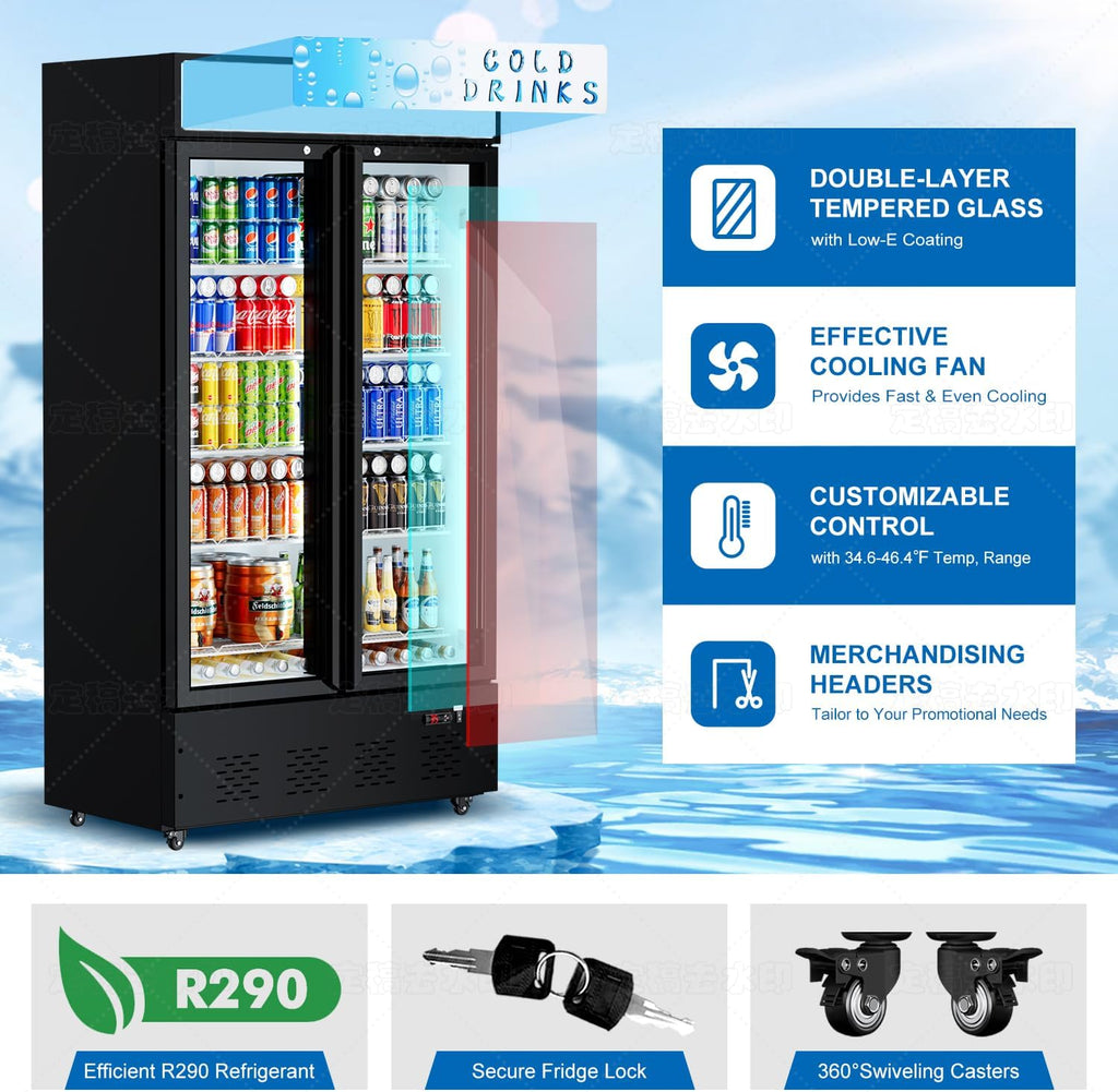 Commercial Display Refrigerator Glass Door 30 cu.ft Cooler Commercial Beverage Refrigerators with LED and 10 Shelves for Cafe, Restaurant, Store