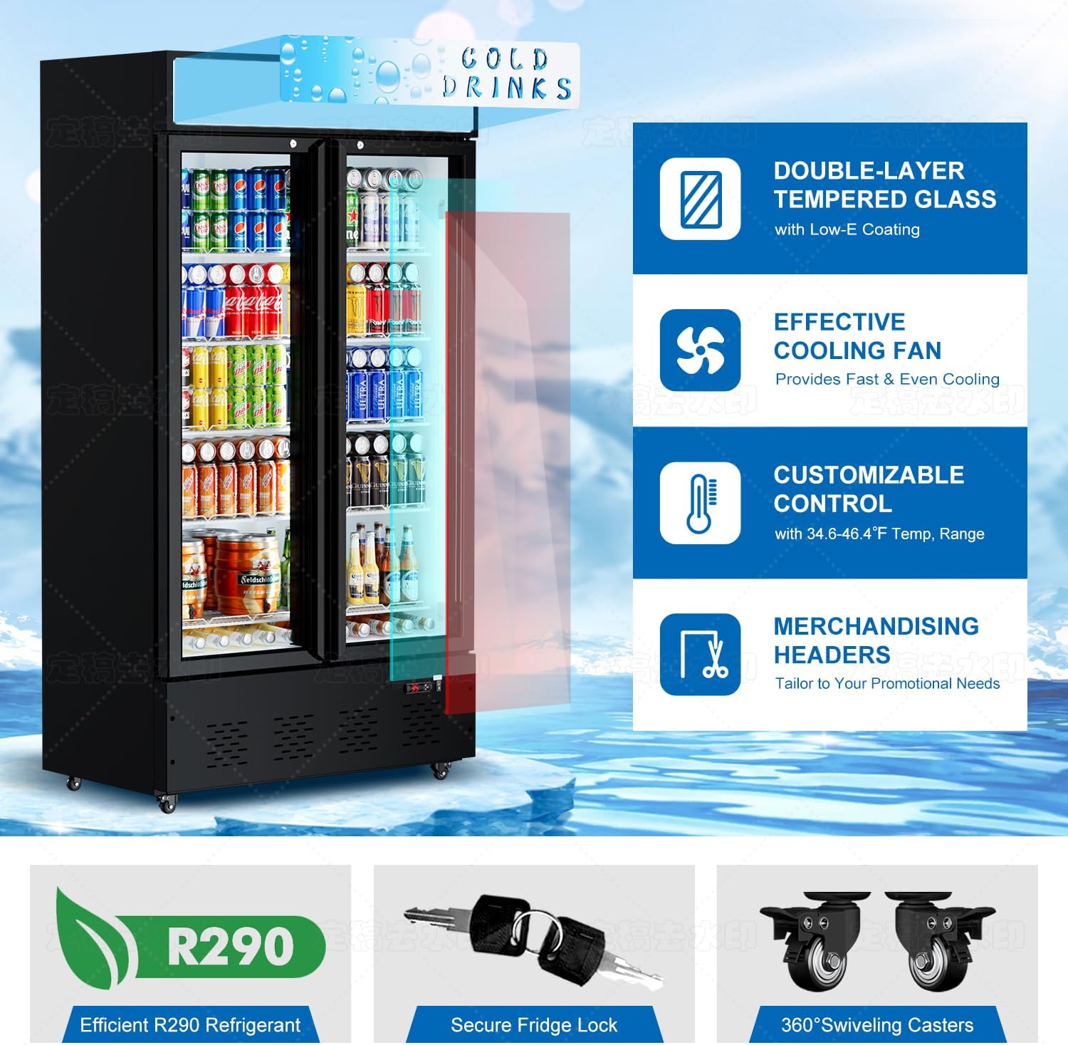Commercial Display Refrigerator Glass Door 30 cu.ft Cooler Commercial Beverage Refrigerators with LED and 10 Shelves for Cafe, Restaurant, Store
