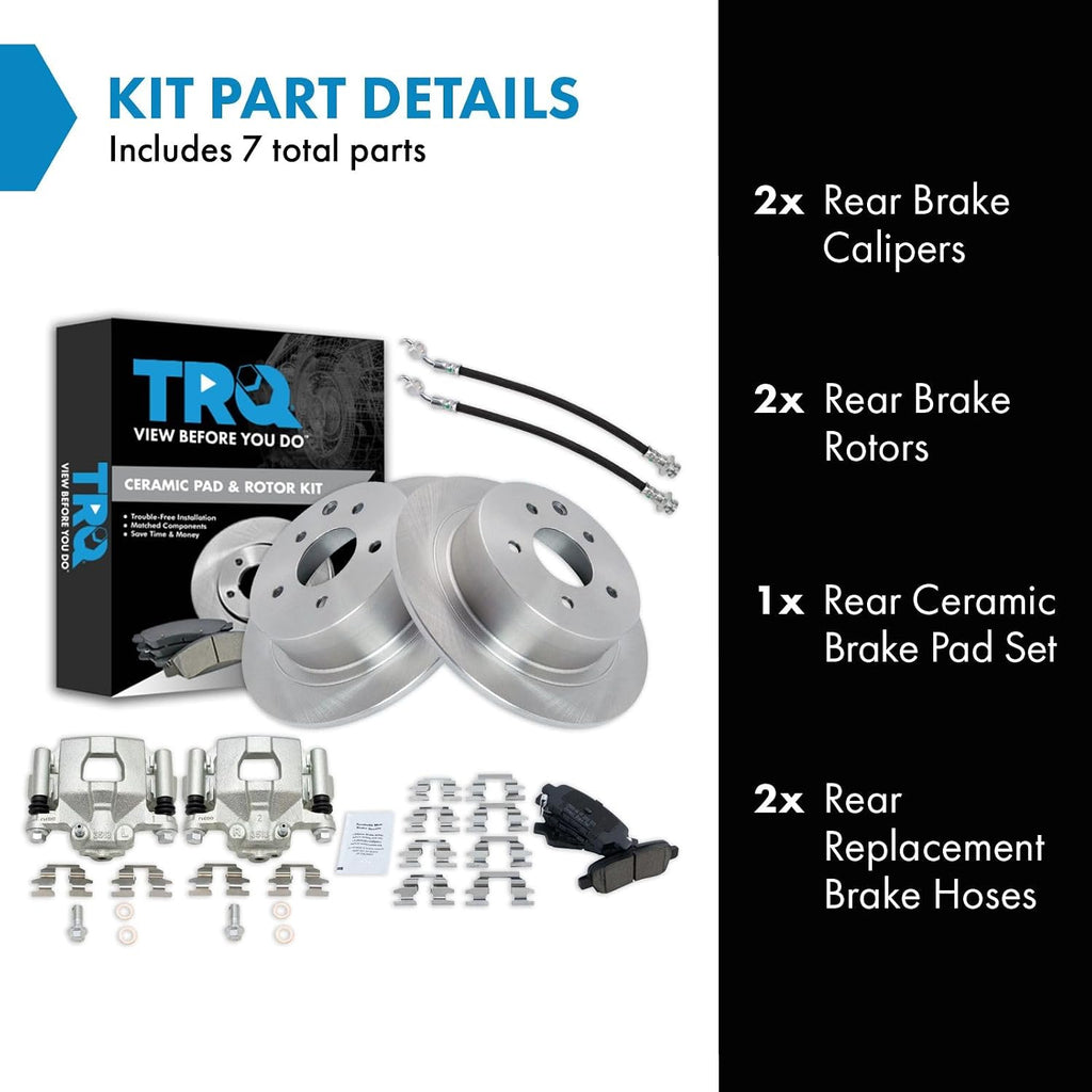 TRQ Rear Brake Pad and Rotor Set Ceramic Rotors Calipers Hoses Compatible with 2013 Nissan Altima