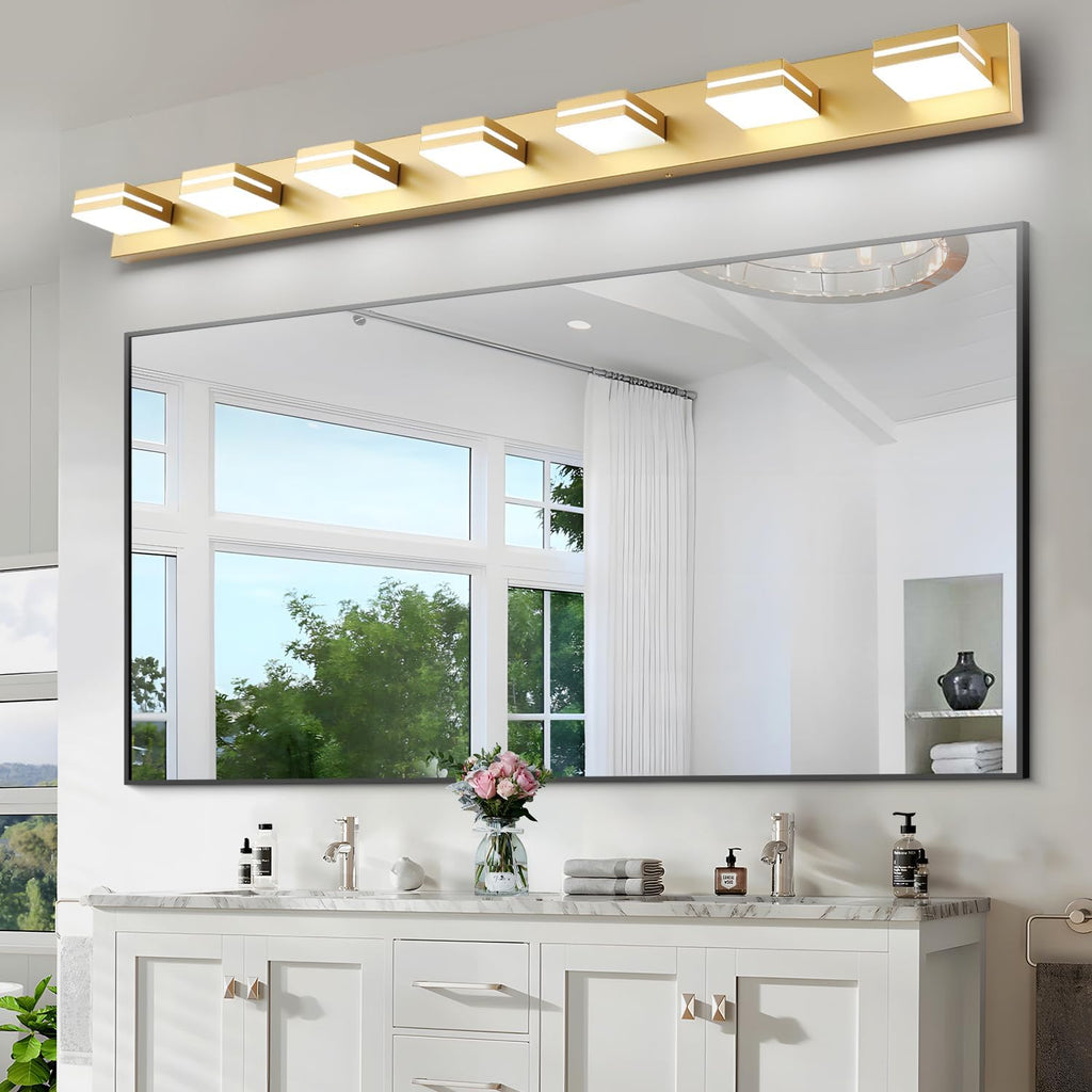 SineRise LED Modern Bathroom Vanity Light Fixtures (7-Light, 55-Inch), Gold Modern Acrylic Bathroom Wall Lighting Fixtures Over Mirror (Cool White 6000K)