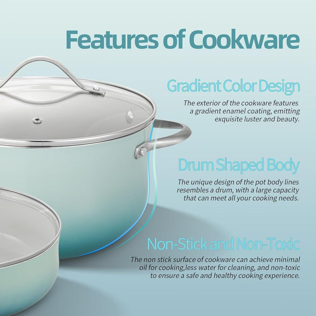 ONGIFT Kitchen Pots and Pans Set Non Stick, 11 Pcs Ceramic Cookware Set with Stay-Cool Handle, Pot and Pan Set NonToxic PFOA/PFAS Free, Dishwasher/Oven Safe, Evenly Heats, Enamel Exterior - Teal