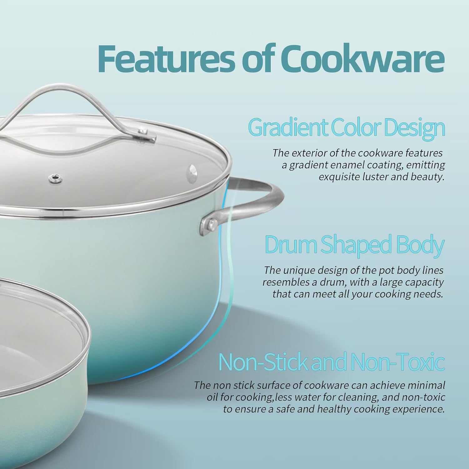 ONGIFT Kitchen Pots and Pans Set Non Stick, 11 Pcs Ceramic Cookware Set with Stay-Cool Handle, Pot and Pan Set NonToxic PFOA/PFAS Free, Dishwasher/Oven Safe, Evenly Heats, Enamel Exterior - Teal