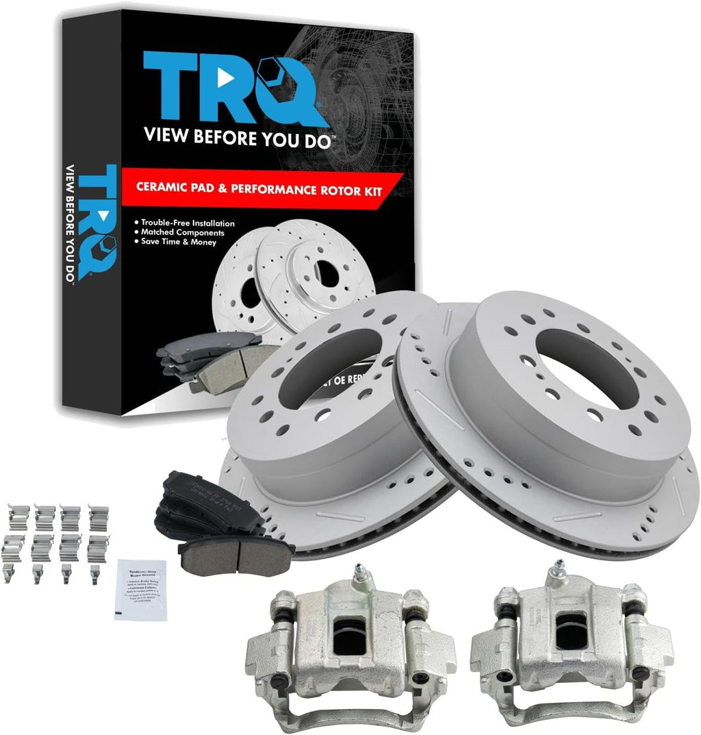 TRQ Performance Rear Brake Pad and Rotor Set Ceramic Vented Coated Rotors Calipers Compatible with 2003-2009 Lexus GX470 2001-2007 Toyota Sequoia