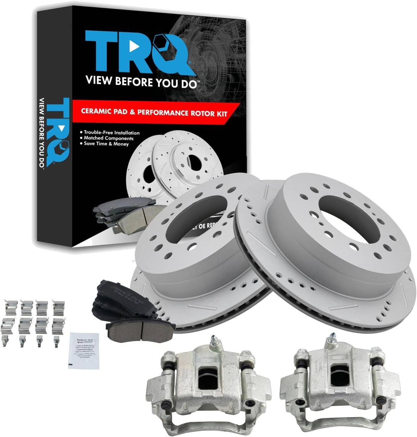 TRQ Performance Rear Brake Pad and Rotor Set Ceramic Vented Coated Rotors Calipers Compatible with 2003-2009 Lexus GX470 2001-2007 Toyota Sequoia