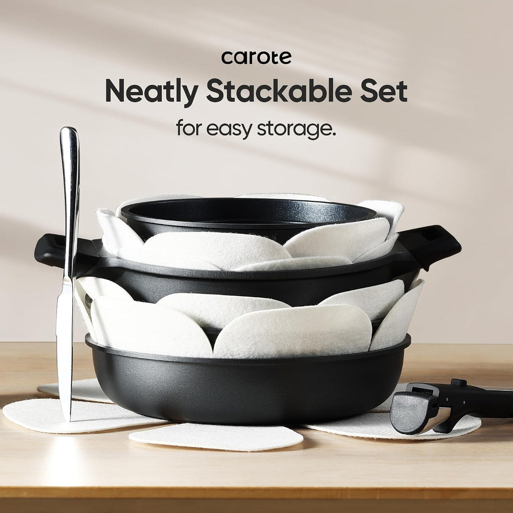 CAROTE 25pcs Pots and Pans Set Non Stick, Cookware Sets, Kitchen Set, Oven/Dishwasher/Fridge Safe, Space Saving Pots Set, Nonstick Set with Versatile Detachable Handle with Knife Set, Jet Black