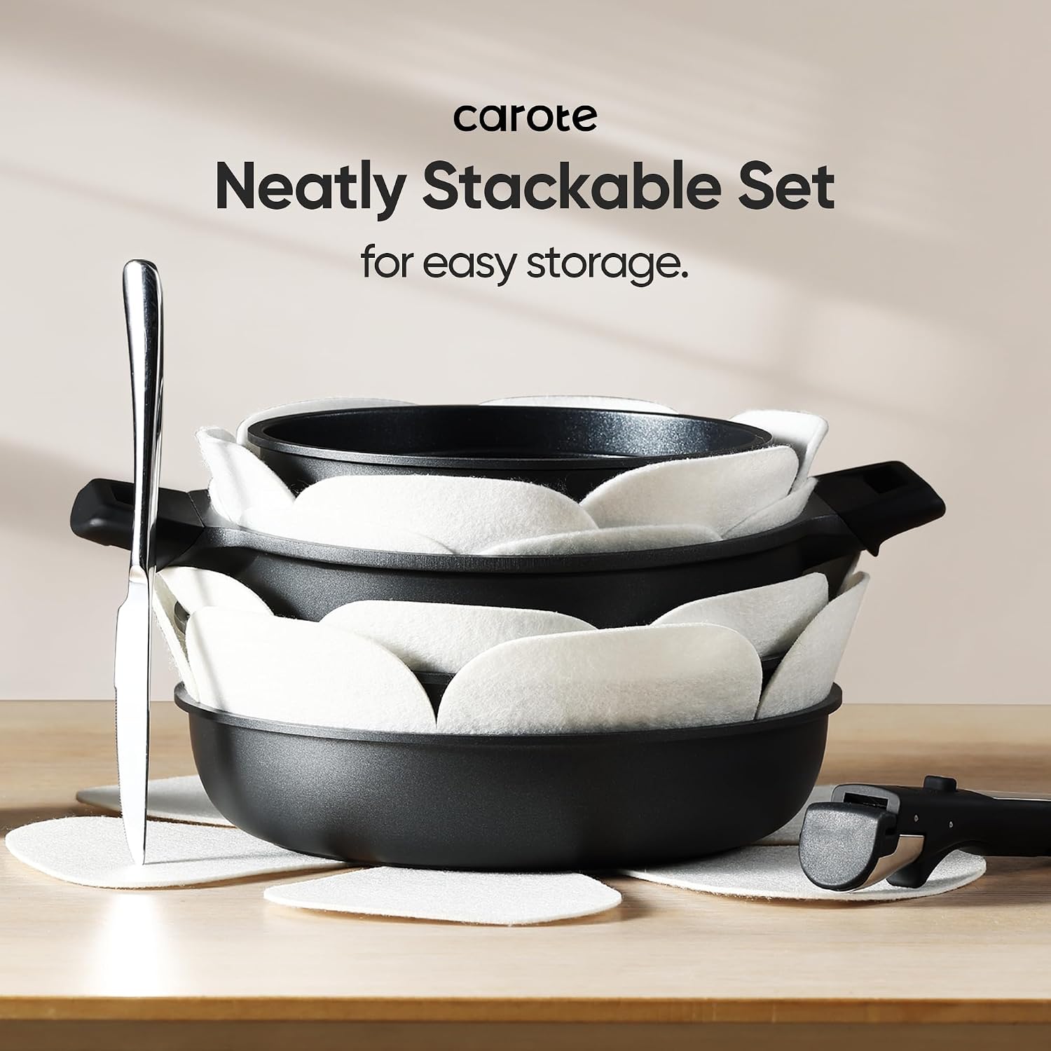 CAROTE 25pcs Pots and Pans Set Non Stick, Cookware Sets, Kitchen Set, Oven/Dishwasher/Fridge Safe, Space Saving Pots Set, Nonstick Set with Versatile Detachable Handle with Knife Set, Jet Black