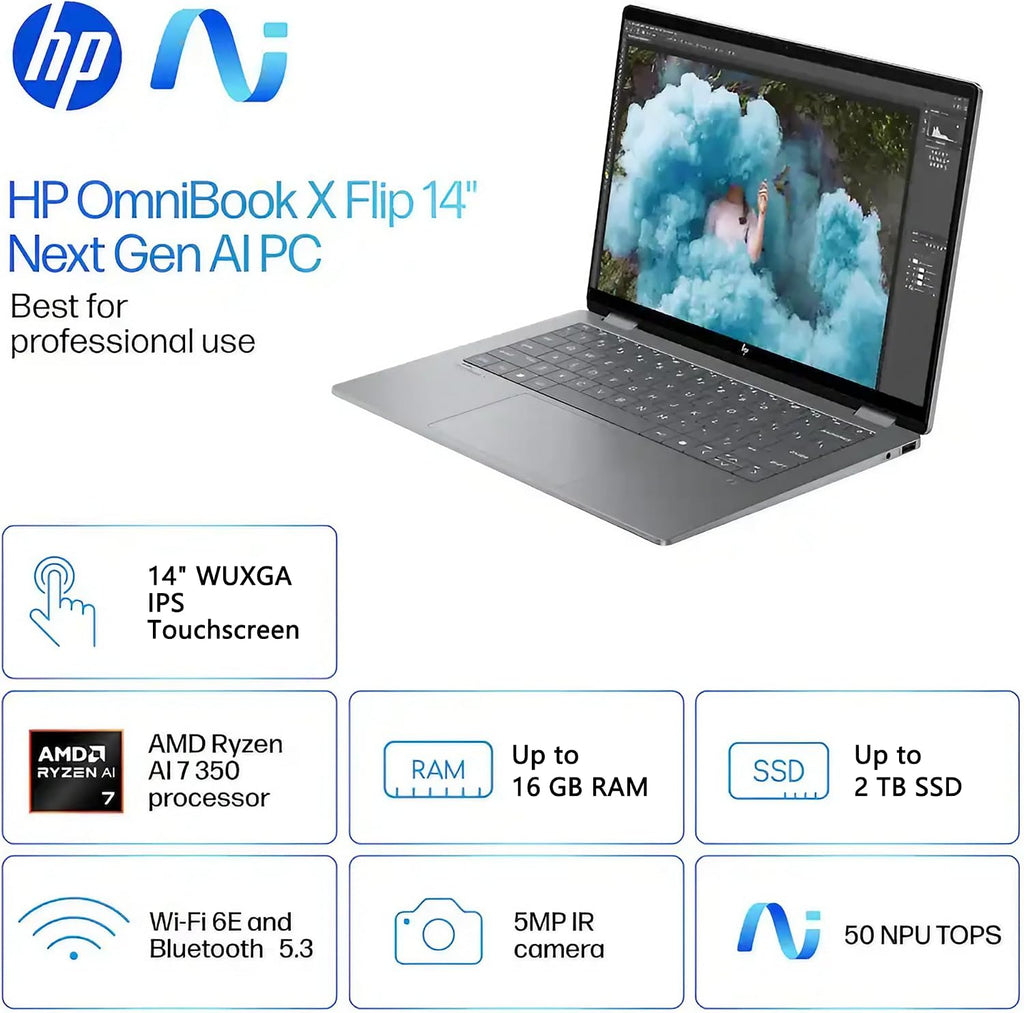 HP OmniBook X Flip 2-in-1 Laptop | 14' WUXGA IPS Touch | AMD Ryzen AI 7 350 (Up to 50 NPU Tops) | 24GB DDR5 2TB SSD | AI PC for Creator Business Professional Win11 Pro w/DLCA Accessory