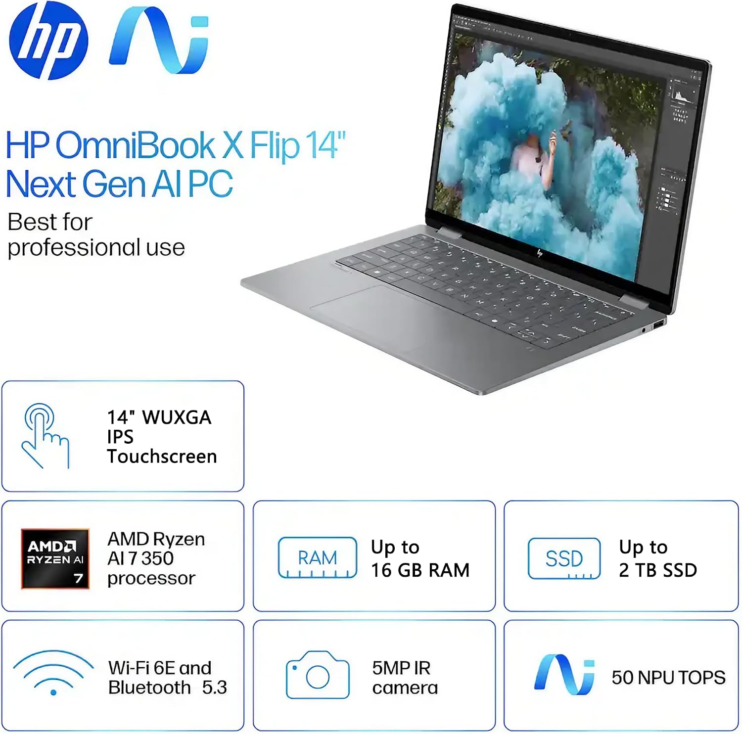 HP OmniBook X Flip 2-in-1 Laptop | 14' WUXGA IPS Touch | AMD Ryzen AI 7 350 (Up to 50 NPU Tops) | 24GB DDR5 2TB SSD | AI PC for Creator Business Professional Win11 Pro w/DLCA Accessory