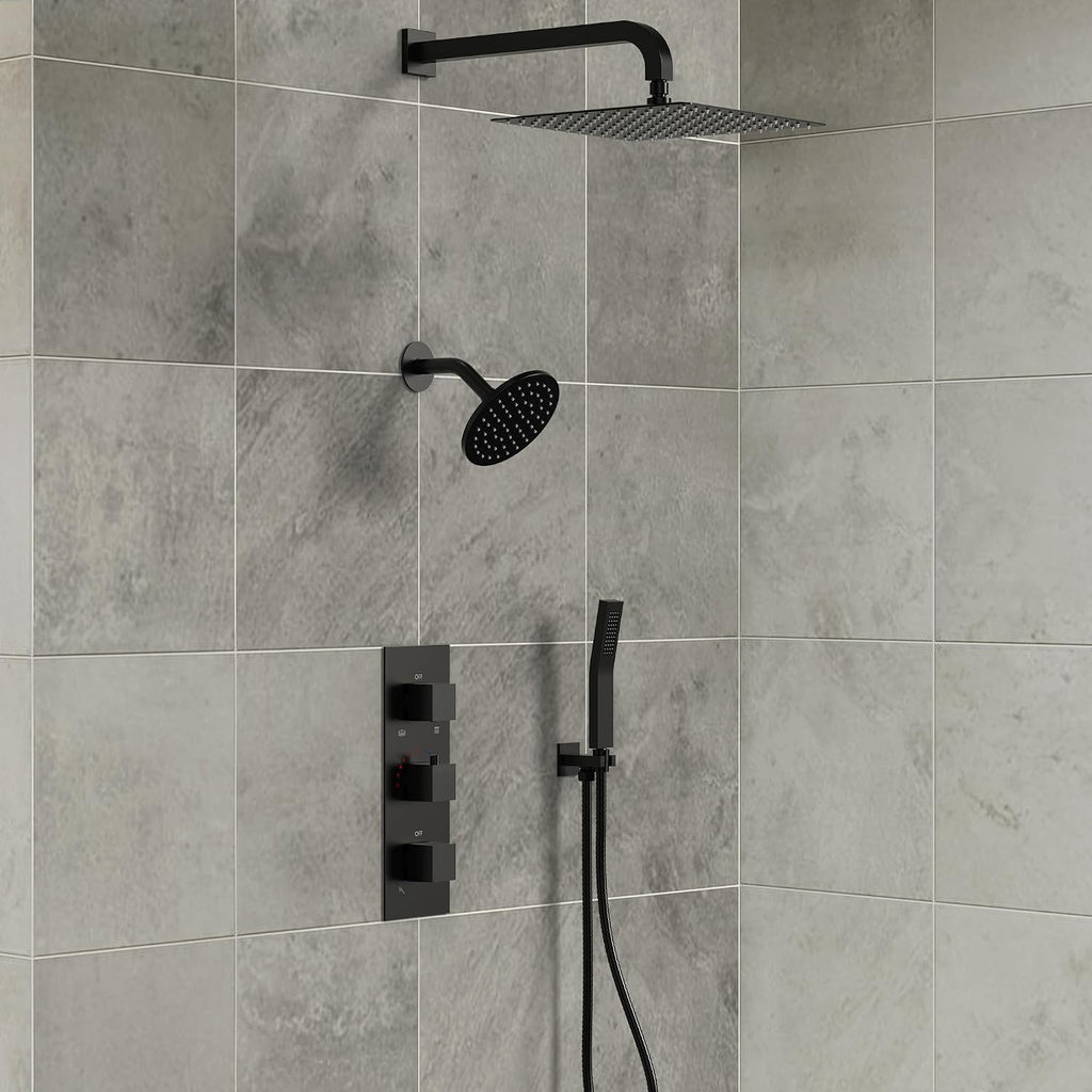 Thermostatic Shower system, 12 & 6 in. Bathroom Shower Set Wall Mount Dual Shower Head Faucet in Matte Black