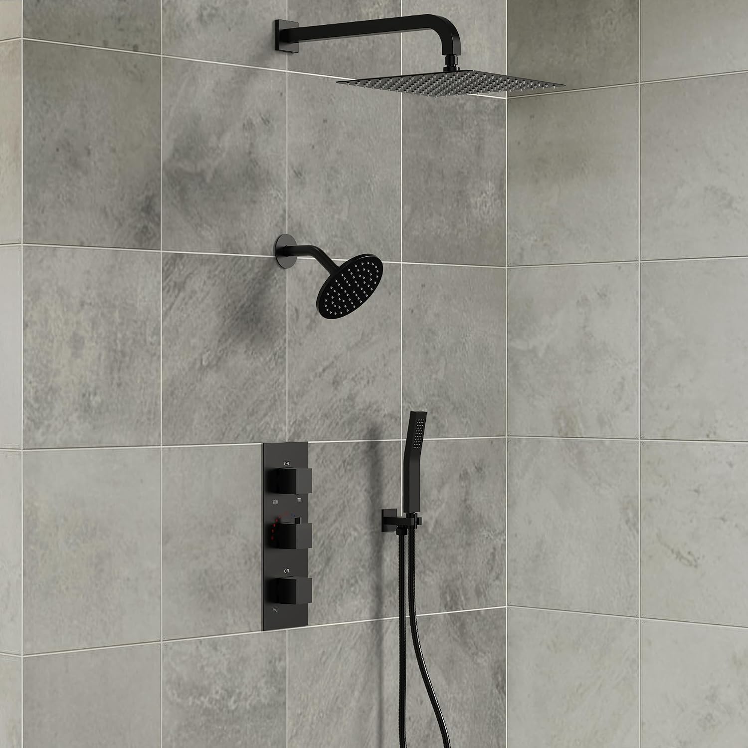 Thermostatic Shower system, 12 & 6 in. Bathroom Shower Set Wall Mount Dual Shower Head Faucet in Matte Black