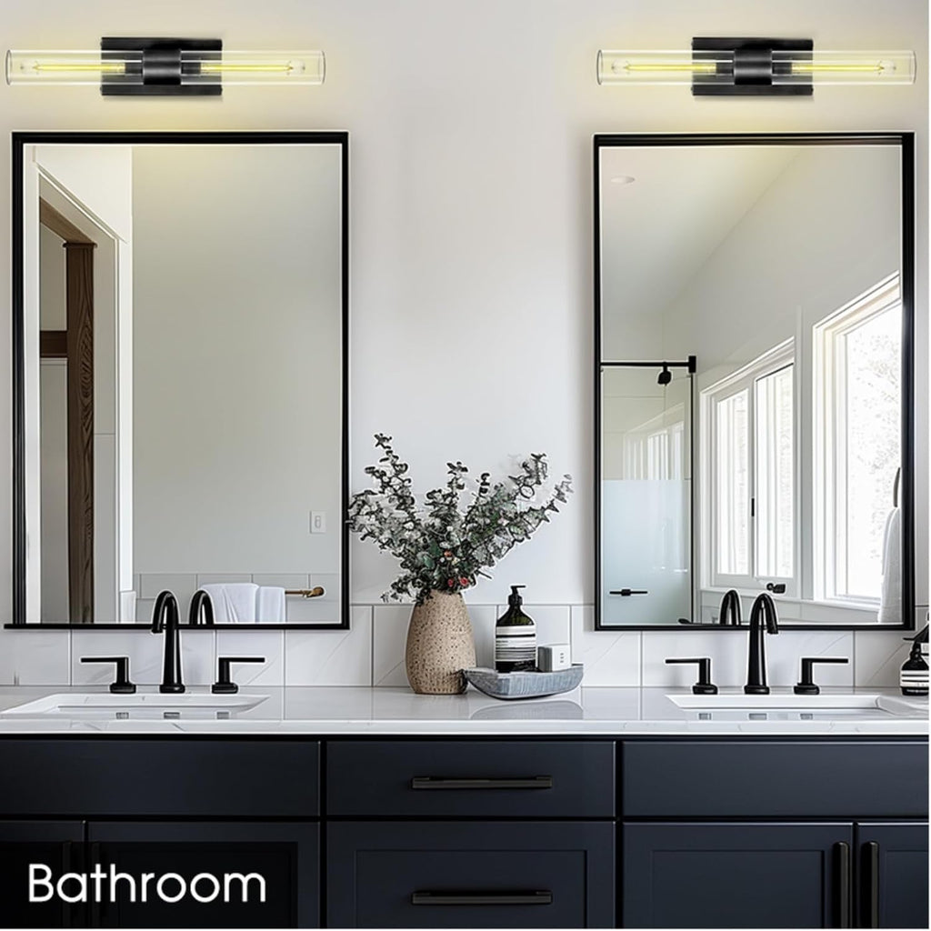 Black Wall Sconces, 22.8' Bathroom Sconces, Sconces Wall Lighting 2-Light, Bronze Wall Sconces Set of Two, Vanity Lights Tube Sconce, Glass Wall Sconce for Living Room, Bedroom, Hallway