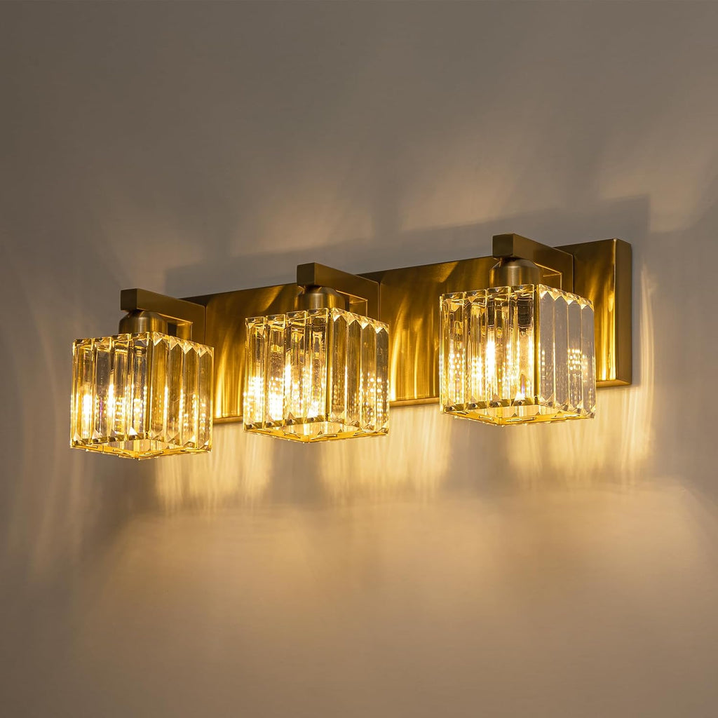 Gold Crystal Bathroom Vanity Lights Modern 3-Lights Bathroom Lighting Fixtures Over Mirror, Gold Crystal Wall Light with Square Shade