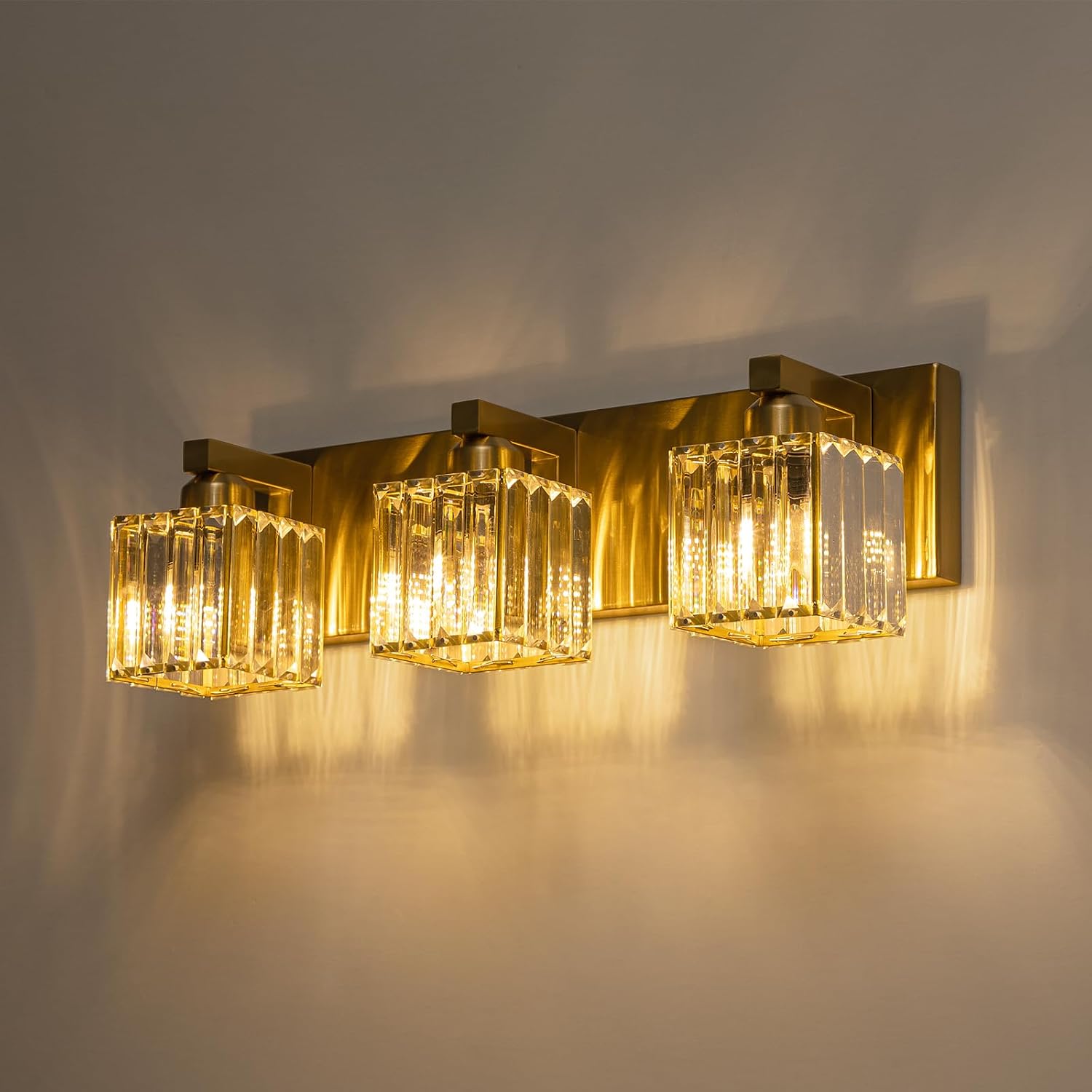 Gold Crystal Bathroom Vanity Lights Modern 3-Lights Bathroom Lighting Fixtures Over Mirror, Gold Crystal Wall Light with Square Shade