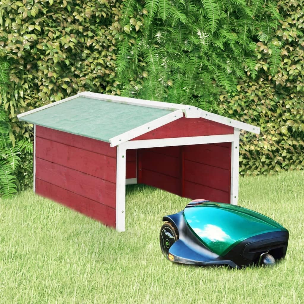 Robotic Lawn Mower Garage - Solid Firwood Weatherproof Outdoor Shed Protective Cover for Garden Tools and Charging Station Red 28.3 x 34.3 x 19.7 Inch