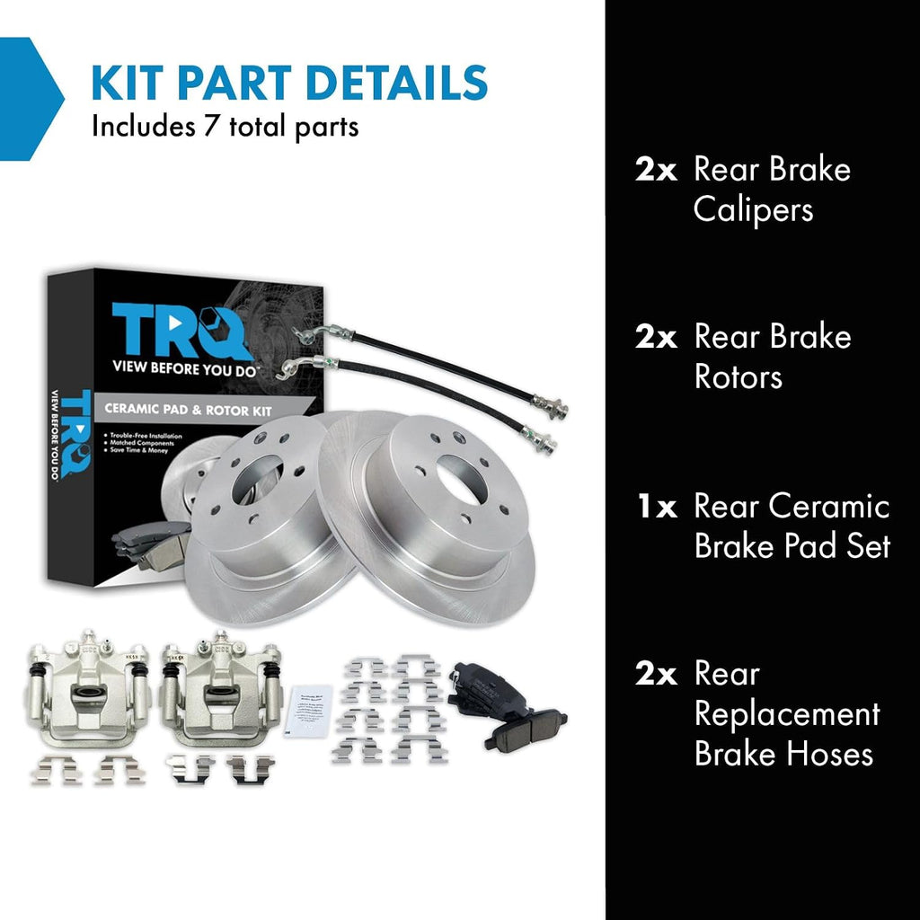 TRQ Rear Brake Pad and Rotor Set Ceramic Rotors Calipers Hoses Compatible with 2007-2008 Nissan Maxima